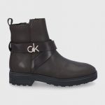 Calvin Klein Botki skórzane damskie kolor brązowy na płaskim obcasie kolor brązowy