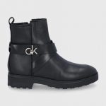 Calvin Klein Botki skórzane damskie kolor czarny na płaskim obcasie kolor czarny