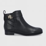 Lauren Ralph Lauren Botki skórzane damskie kolor czarny na płaskim obcasie kolor czarny