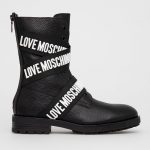 Love Moschino Botki skórzane damskie kolor czarny na płaskim obcasie kolor czarny