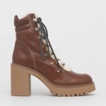 Pinko Botki skórzane damskie kolor brązowy na słupku ocieplone kolor brązowy