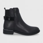 Wojas Botki skórzane damskie kolor czarny na płaskim obcasie ocieplone kolor czarny