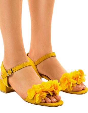 Żółte sandaly na obcasie z kwiatami X8903