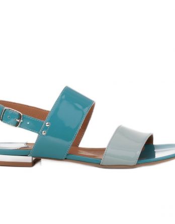 Marco Shoes Płaskie sandały z lakieru i metalicznym obcasem niebieskie