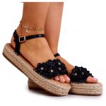 FW1 Damskie Sandały Espadryle Z Kwiatami Czarne Marlon