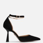 Czarne zamszowe czółenka z bransoletką wokół kostki kolor Czarny.