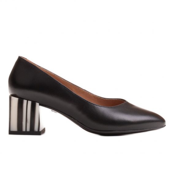 Marco Shoes Czarne czółenka skórzane z obcasem w paski zebry kolor Czarne.