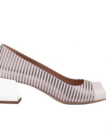 Marco Shoes Czółenka damskie w metaliczne paski z otwartym przodem białe srebrny kolor Białe/Srebrny.