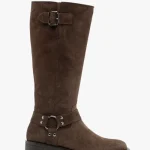 Brązowe kozaki biker boots ze skóry welurowej kolor Brązowy