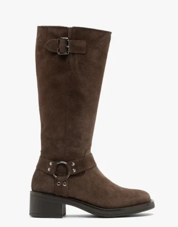 Brązowe kozaki biker boots ze skóry welurowej kolor Brązowy