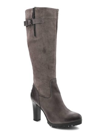 Szare Kozaki Carinii Eleganckie Skórzane Buty Na Obcasie kolor szary