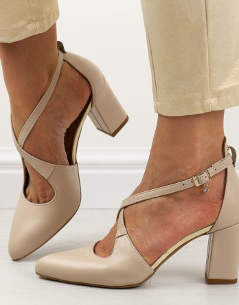 Beżowe s128 skórzane czółenka damskie na słupku Prestige 2045 Lico kolor Beżowy.