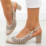 Beżowe skórzane Polskie czółenka damskie z odkryta piętą Deoni L85 kolor Beżowy.