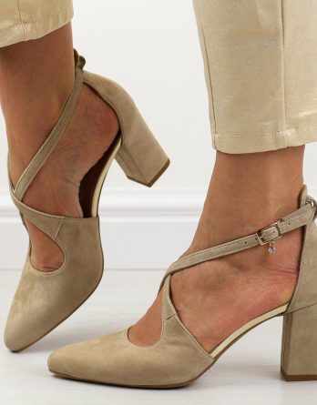 Beżowe skórzane zamszowe czółenka damskie na słupku Prestige 2045/obl kolor Beżowy.