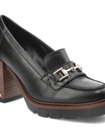 Czarne Półbuty CheBello Eleganckie Skórzane Buty Na Obcasie kolor czarny
