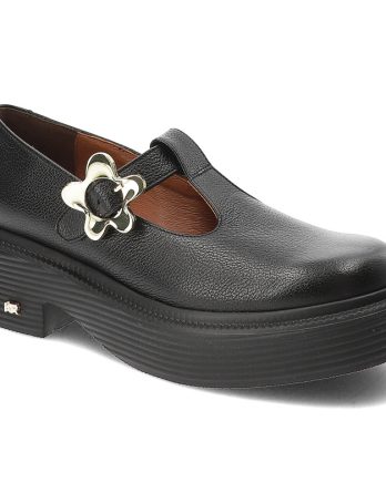 Czarne Półbuty Karino Modne Obuwie Damskie Z Kwiatem kolor czarny