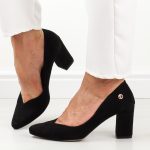 Czarne Polskie czółenka damskie na słupku Prestige 2040 Skóra Zamsz kolor Czarny.