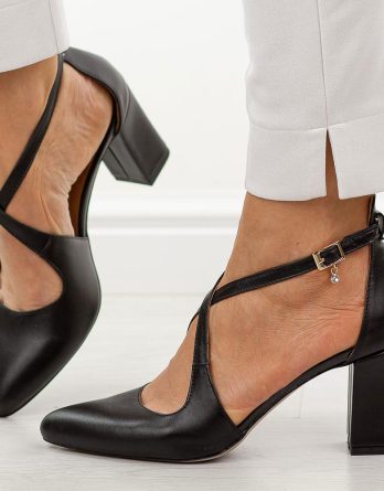 Czarne lico skórzane czółenka damskie na słupku Prestige 2045/obl kolor Czarny.