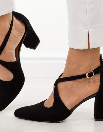 Czarne zamsz skórzane czółenka damskie na słupku Prestige 2045/obl kolor Czarny.