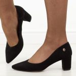 Czarne zamszowe skórzane Polskie czółenka damskie na słupku Prestige 2105 OBL kolor Czarny.
