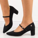Czarne zamszowe skórzane Polskie czółenka damskie na słupku Prestige 2105 OBLP kolor Czarny.