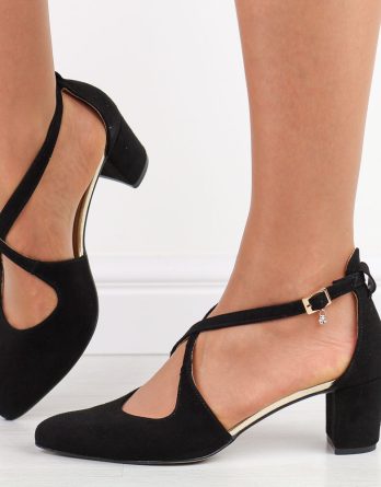 Czarne zamszowe skórzane czółenka damskie na słupku Prestige 2222 kolor Czarny.