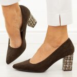 Czekoladowe mix czółenka damskie na słupku Sergio Leone Pb414 kolor Czekoladowy.