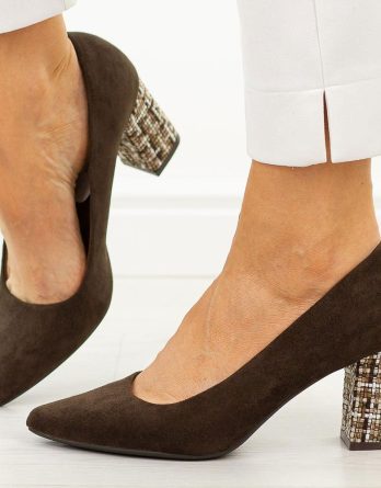 Czekoladowe mix czółenka damskie na słupku Sergio Leone Pb414 kolor Czekoladowy.