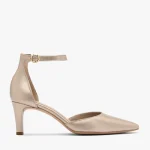 Czółenka damskie na szpilce z zapięciem wokół kostki kolor Platynowy.