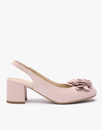 Jasnoróżowe czółenka bez pięty slingback z kwiatem kolor Różowy.
