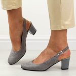 Szare skórzane Polskie czółenka damskie bez piety na obcasie Gregors 855 kolor Szary.