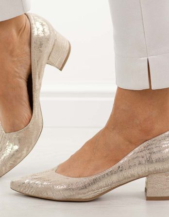 Złote s160 skórzane Polskie czółenka damskie na obcasie Prestige 2235/obl kolor Złoty.