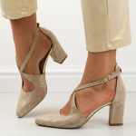 Złote s160 skórzane czółenka damskie na słupku Prestige 2045 Zamsz kolor Złoty.