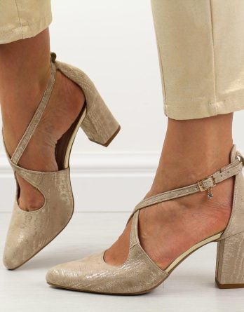 Złote s160 skórzane czółenka damskie na słupku Prestige 2045 Zamsz kolor Złoty.