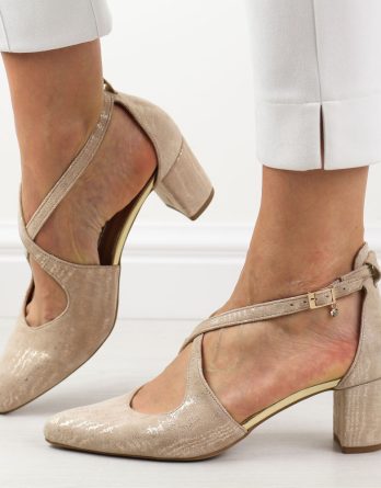 Złote s160 skórzane czółenka damskie na słupku Prestige 2222 kolor Złoty.