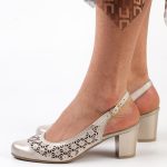 Złote skórzane Polskie czółenka damskie z odkryta piętą Deoni L85 kolor Złoty.