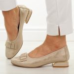 Złote skórzane czółenka damskie na obcasie M.Daszyński Ol37-2 kolor Złoty.